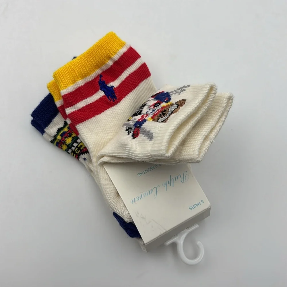 Ralph Lauren Baby 0-6 Mo Bear Crew Socks, Pack of 3 Assorted